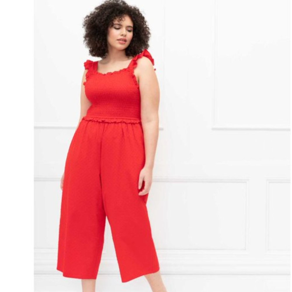 ELOQUII Elements Smocked Cropped Jumpsuit Red
